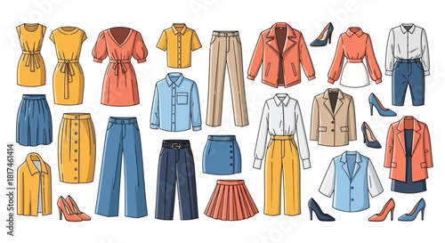 Diverse women's clothing collection dresses, blouses, skirts, pants, jackets, and shoes, offering versatile fashion options for a modern wardrobe