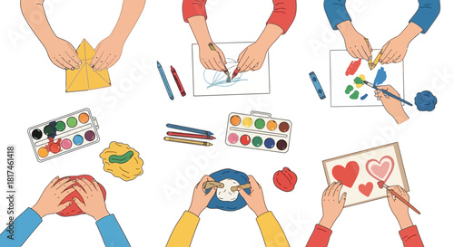 Kids' creative hands exploring various art activities drawing, painting with watercolors, and crafting, fostering imagination and development in an educational setting