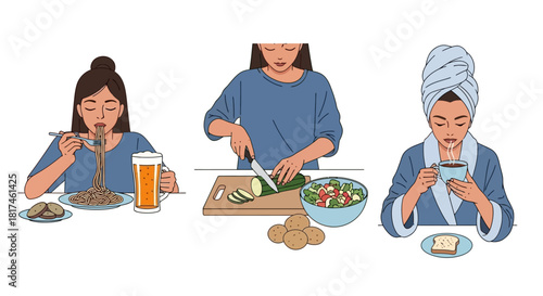 Illustrations depicting a woman's diverse daily routines, featuring her enjoying a meal, preparing a healthy salad, and unwinding with a comforting hot beverage and toast
