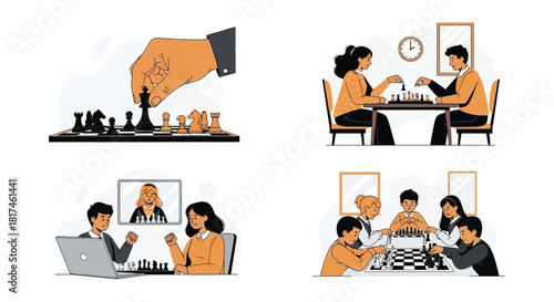 A collection of engaging illustrations showcasing individuals and groups enjoying the classic game of chess, from focused strategic moves to friendly social gatherings and virtual competitions