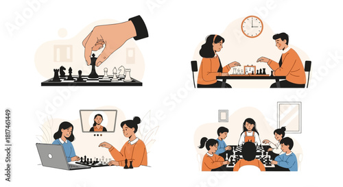 Engaging illustrations showcasing diverse chess experiences, including strategic moves, face-to-face matches, online gameplay, and educational group lessons for all ages