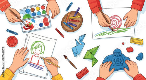 Overhead view of children's hands immersed in a joyful array of creative arts and crafts activities, including painting, drawing, and sculpting, promoting imagination and collaborative learning