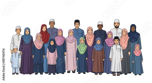 Large Muslim family illustration showcasing men, women, and children in traditional Islamic attire, symbolizing community and unity across generations in a diverse group