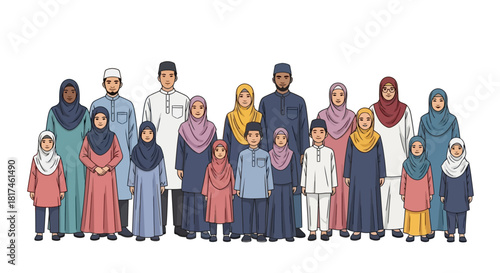 Vibrant illustration of a diverse Muslim family gathered together, showcasing intergenerational connections, cultural identity, and the strength of community bonds