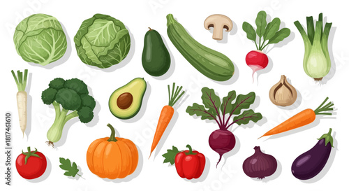 A vibrant flat lay composition showcasing a diverse assortment of fresh, raw, and organic vegetables, perfect for healthy cooking, plant-based diets, and wholesome nutrition