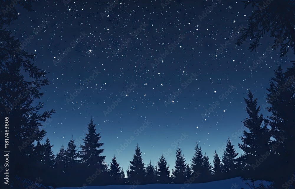 Naklejka premium Starry night sky, winter snow scene with pine trees on the horizon