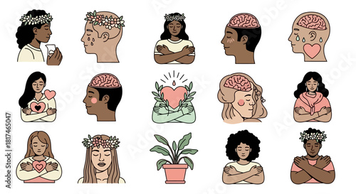 Diverse Illustrations Depicting Human Emotions, Mental Health, and Self-Love Concepts