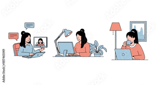 Set of illustrations depicting a young woman's flexible remote work lifestyle, including online meetings, focused desk tasks, and casual laptop productivity from home