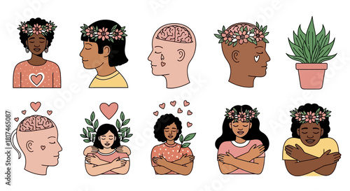 A vibrant collection of diverse illustrations portraying individuals practicing self-care, promoting mental wellness, and embracing emotional balance, featuring positive concepts and floral elements