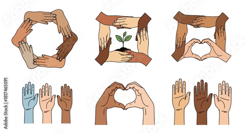 Diverse Hand Gestures Unity, Growth, and Affection Showcased in Various Arrangements and Symbolism
