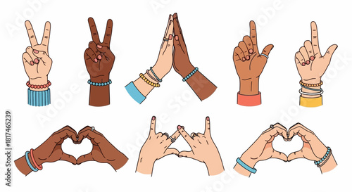Diverse Hand Gestures Peace, Love, & Unity in Vector Art