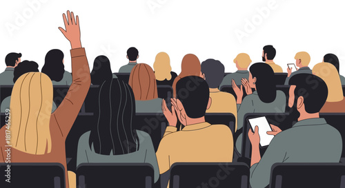 Audience Participation Diverse Group in a Meeting or Conference, Hand Raised for a Question, Applause