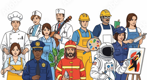Diverse group of professionals in uniform representing a variety of careers and occupations in the workforce