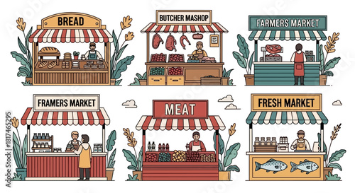 Variety of Food Market Stalls Illustration
