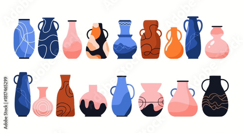 A diverse collection of modern ceramic art vases with abstract patterns, perfect for contemporary interior decoration and design