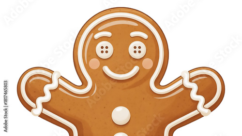 Adorable gingerbread man cookie with glossy icing decorations in a cute vector style, perfect for Christmas themes, winter artwork, and festive seasonal design projects isolated transparent background