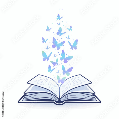 Open book with butterflies flying out of it on a white background image