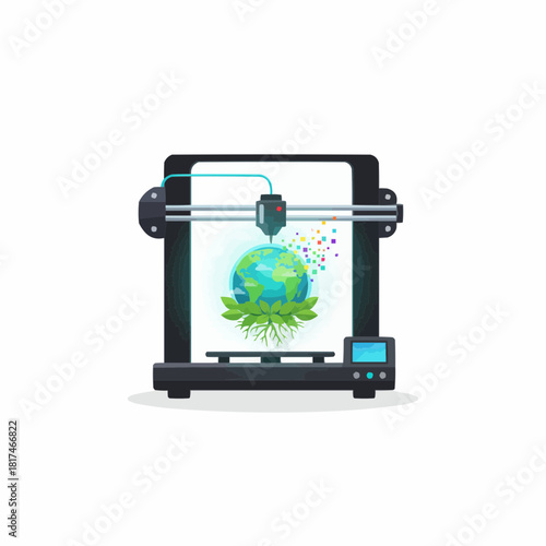 A d printer creating a green earth globe with leaves and roots design