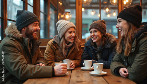 Four friends laugh heartily while drinking coffee at a cafe. People wear warm winter clothes and hats. They chat and share a cozy moment on a cold day, enjoying each others company.