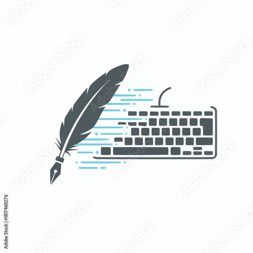 Feather quill and keyboard with motion lines depicting writing process