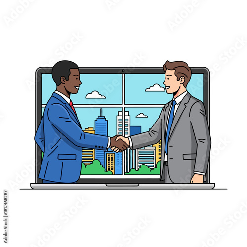 Diverse business partners shake hands across a desk with a large laptop screen and cityscape view, rendered in a modern flat 2D vector style.
