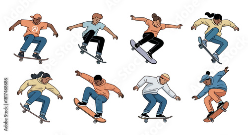 A vibrant collection of diverse young people actively engaged in skateboarding, showcasing various dynamic movements, tricks, and urban street sports culture with energy and enthusiasm