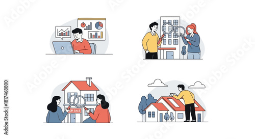 Real Estate Business Professionals Analyzing Property Data and Inspecting Buildings for Clients