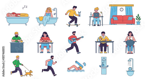 Collection of diverse flat line vector illustrations showcasing everyday human activities and modern lifestyle routines, from work and leisure to self-care and personal hygiene