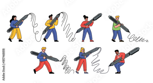 Diverse group of people of various ethnicities and genders holding and drawing with oversized pens, creating abstract lines and shapes.