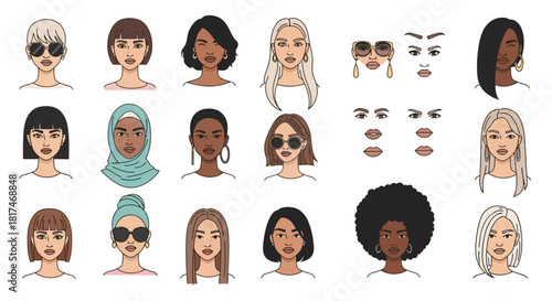 Fashionable female character creator kit featuring diverse women's portraits, offering customizable hairstyles, facial features, and stylish accessories for avatar design