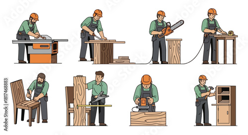 Craftsmanship A Collection of Woodworking and Carpentry Scenes Showcasing Skilled Artisans at Work