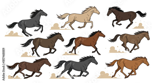 A dynamic set of illustrated running horses in various coat colors. Collection of galloping cartoon mustangs and stallions in a flat vector design