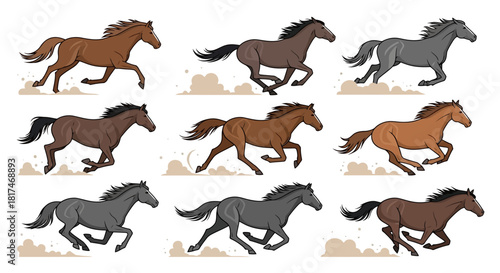 A dynamic collection of nine stylized horses galloping with energy, showcasing various coat colors and powerful movement in a clean vector illustration set