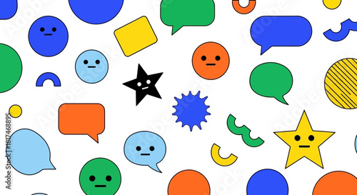 Dynamic digital pattern with a whimsical array of colorful geometric shapes, expressive faces, and communication bubbles, conveying abstract ideas and modern interactive concepts