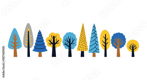 Collection of stylized, flat illustrations of various trees in different colors and shapes, representing nature's diversity