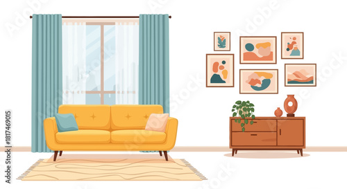 Comfortable and stylish home interior design concept with a yellow sofa, wooden cabinet, and a gallery wall creating a cozy atmosphere