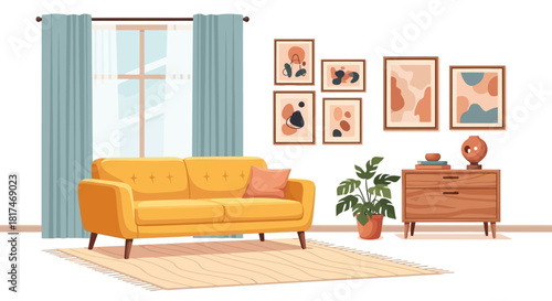 A bright and modern living room interior featuring a comfortable yellow sofa, a gallery wall with abstract art, and a potted plant
