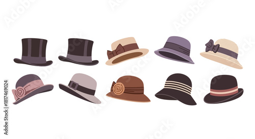 A charming illustration displaying a diverse range of classic and elegant hats, perfect for fashion, history, and costume design projects