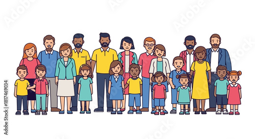 A diverse and inclusive community illustration featuring multiple generations of families standing together, symbolizing unity and togetherness in a vibrant display