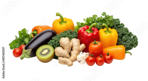Fresh assortment of colorful fruits and vegetables isolated on transparent background
