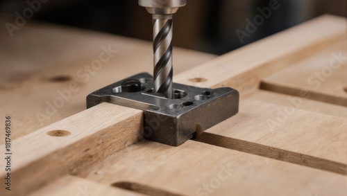 Close up of a drill bit making a hole in a wooden plank with a jig.