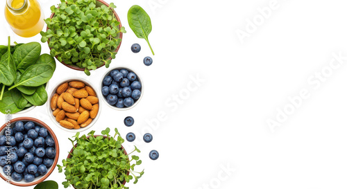 Fresh healthy superfood ingredients flat lay isolated on transparent background