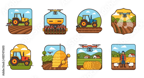 A collection of eight modern agriculture and smart farming icons featuring tractors, drones, fields, and livestock.