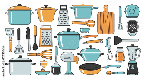 A vibrant collection of kitchen utensils and cookware arranged in a lively pattern.