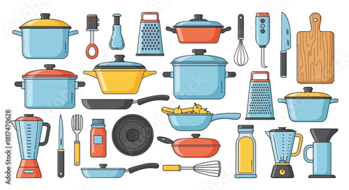 Collection of various kitchen utensils and cookware, arranged in a flat lay style.