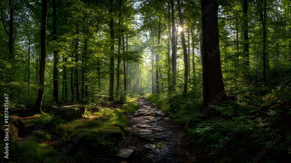 Obraz premium Sunlight streams through dense green canopy illuminating a rugged woodland path