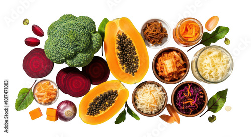 Fresh broccoli, papaya, beets, and fermented foods for gut health isolated on transparent background