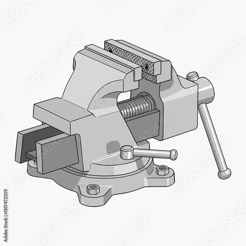 Gray metal bench vise on a white background