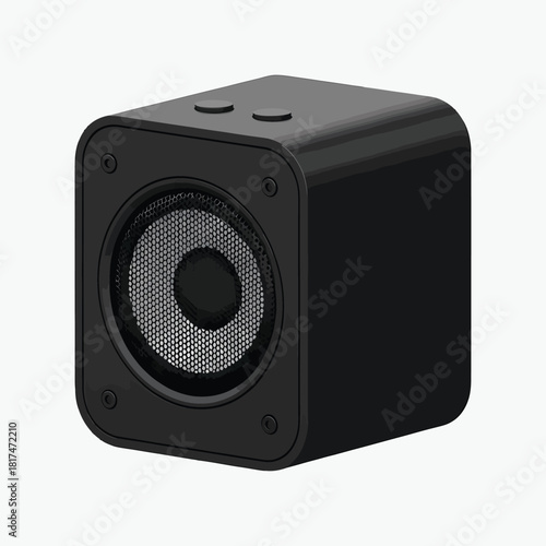 Black cube-shaped speaker with a mesh grille on a white background