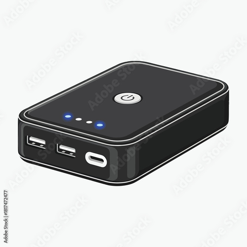 Close-up illustration of a portable power bank with USB ports and indicators on a white background.